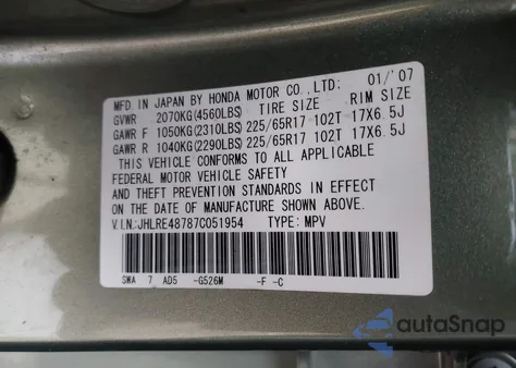 2007 Honda Cr-V Ex-L from USA, damaged, VIN JHLRE48787C051954